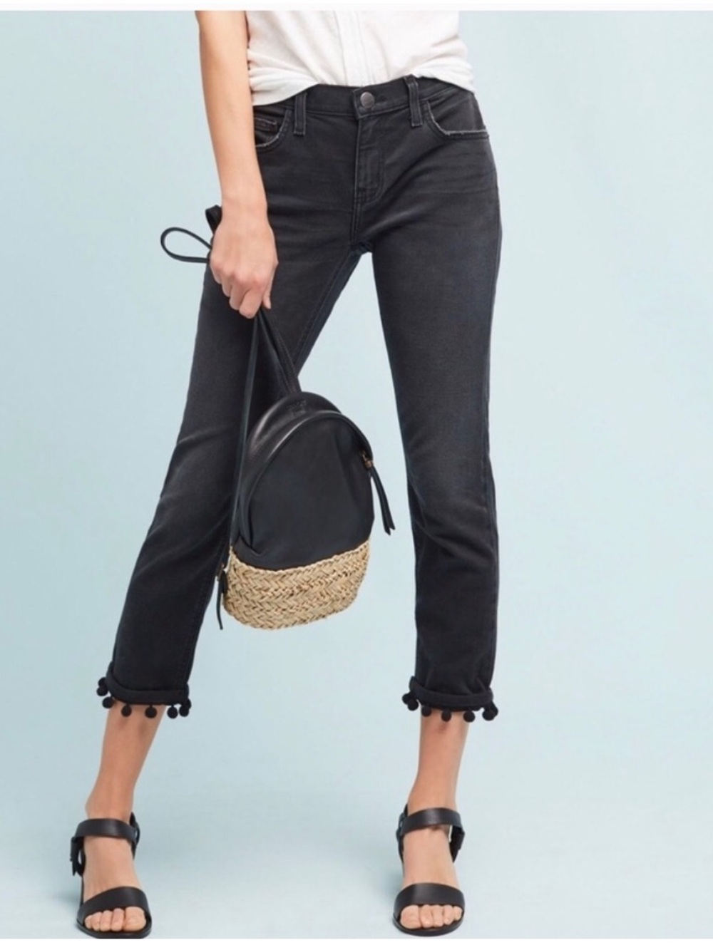 Current Elliott Cropped Pom
Pom Trim Jeans, Black Denim, Sz 29, EUC